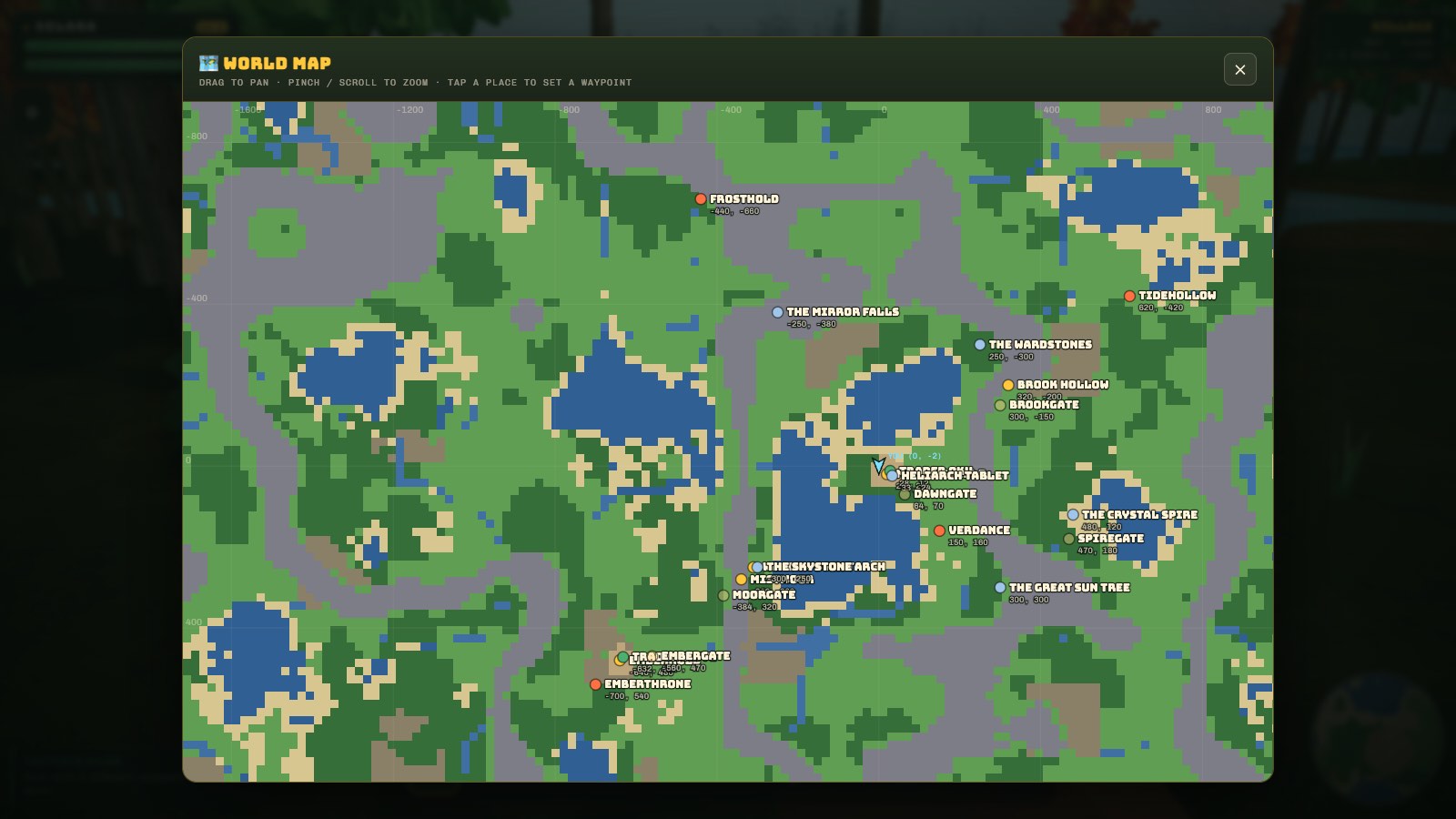 The world map of Solara showing towns, lakes, forests and the four kingdoms
