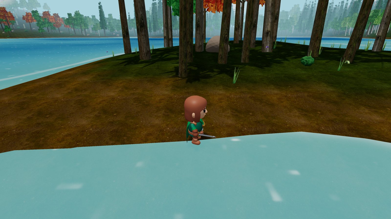 A Warden exploring a meadow with a horse, autumn forest and a lake